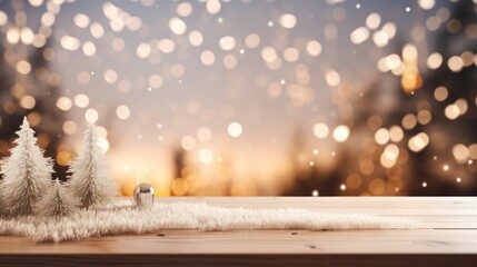 Empty wooden table top with Christmas tree string light blur background with snow, Holiday backdrop, Mock up banner for display of advertise product.