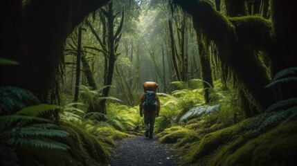 person camping in a mystical forest in New Zealand generative ai