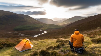 Fototapeta premium person camping in the Scottish Highlands generative ai