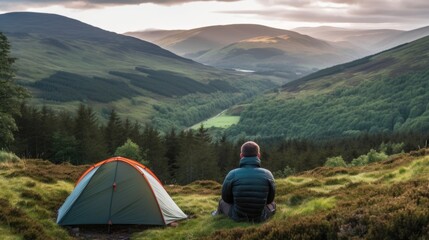 Fototapeta premium person camping in the Scottish Highlands generative ai