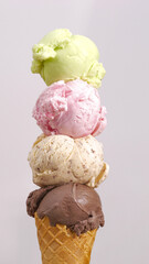 Vertical front view CU, ice cream sherbet on top strawberry Chocolate Chip and Chocolate isolated on white background.