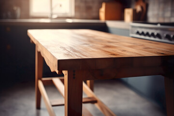 Wooden table with out-of-focus kitchen backdrop,