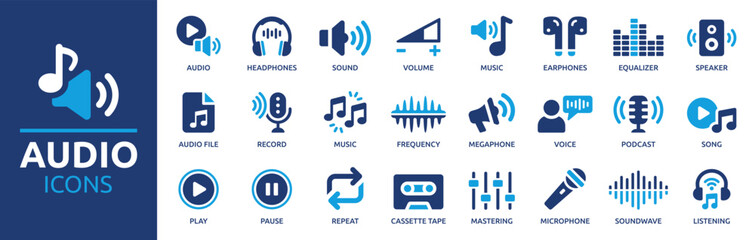 Audio icon set. Containing headphones, sound, music, volume, earphones, equalizer and speaker icons. Solid icon collection. Vector illustration. - obrazy, fototapety, plakaty