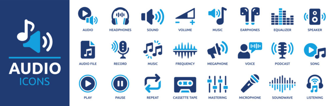 Audio icon set. Containing headphones, sound, music, volume, earphones, equalizer and speaker icons. Solid icon collection. Vector illustration.