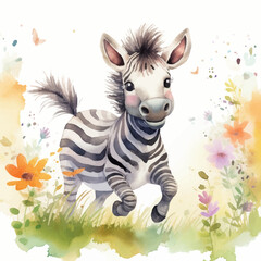 Fototapeta na wymiar Cute baby zebra cartoon in watercolor painting style