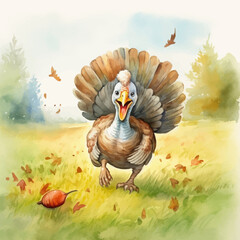 Cute turkey cartoon in watercolor painting style