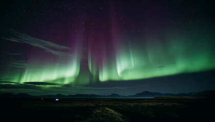 Night sky illuminated by vibrant aurora polaris over arctic landscape generated by AI