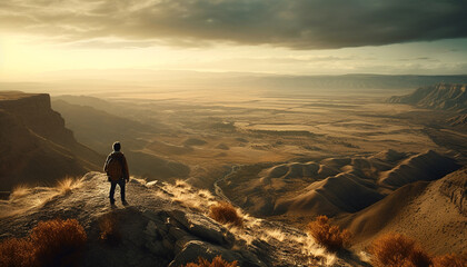 Fototapeta premium One person hiking with backpack, standing on sandstone cliff generated by AI