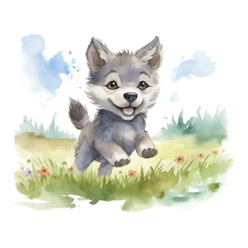 Cute little wolf cartoon in watercolor painting style