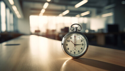Countdown to success alarm clock ticks towards midnight in office generated by AI