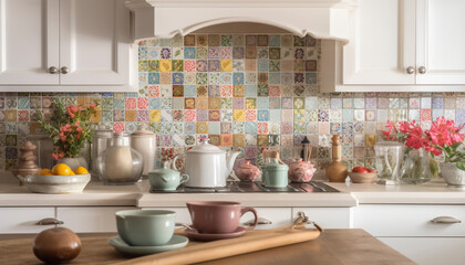 Fototapeta na wymiar Elegant modern kitchen with ornate ceramics and fresh flower decor generated by AI