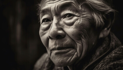 Fototapeta na wymiar Serious senior woman with wisdom and beauty, looking outdoors sadly generated by AI