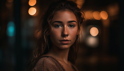 Fototapeta premium Confident young woman standing outdoors, illuminated by lighting equipment generated by AI