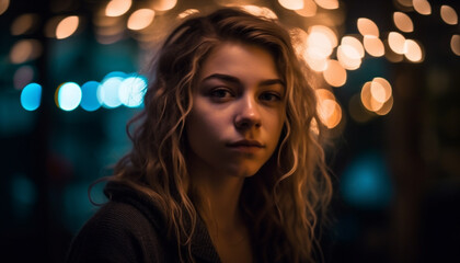 One young adult woman, illuminated by street light, looking beautiful generated by AI