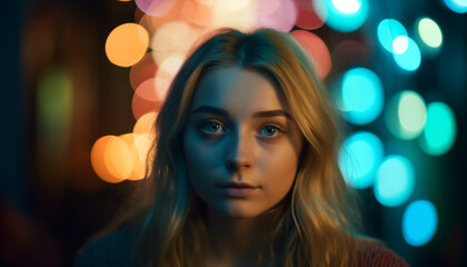 Fototapeta premium A young woman smiles, illuminated by Christmas lights, looking festive generated by AI