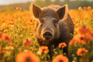 Fototapeta na wymiar a pig in a field of flowers