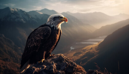 The majestic bald eagle perching on mountain peak at sunset generated by AI