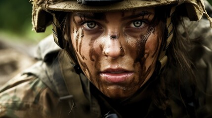 a woman in a military uniform with a paint on her face - obrazy, fototapety, plakaty