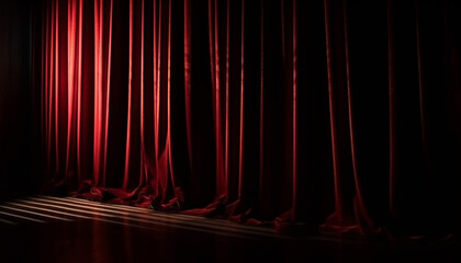 Velvet stage curtain glows in spotlight, empty auditorium awaits performance generated by AI