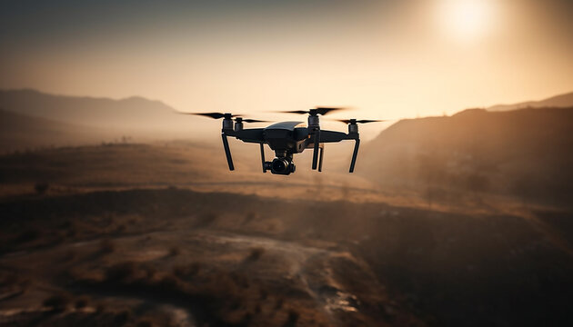 Remote controlled drone captures aerial view of mountain at sunset generated by AI