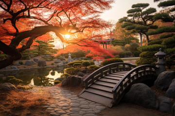 Japanese garden at sunrise in tokyo