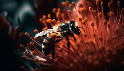 Fototapeta na wymiar A bee pollinates a single yellow flower, collecting pollen generated by AI