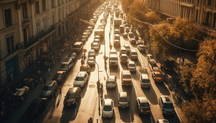 Obraz premium Rush hour traffic jam on multiple lane highway, cityscape illuminated generated by AI