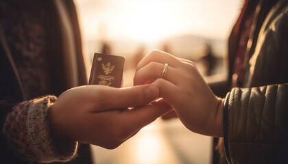 Two young adults holding hands, enjoying sunset and wireless texting generated by AI