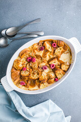 Croissant bread pudding with custard creamy sauce and vanilla ice cream very delicious dessert