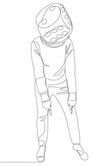 One continuous line of Man pointing with dice as his head, symbol of luck as disguise. Thin Line Illustration vector concept. Contour Drawing Creative ideas.