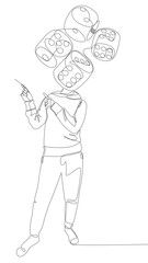 One continuous line of Man pointing with dice as his head, symbol of luck as disguise. Thin Line Illustration vector concept. Contour Drawing Creative ideas.