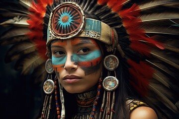 Fototapeta na wymiar a woman with colorful face paint and a feathered headdress