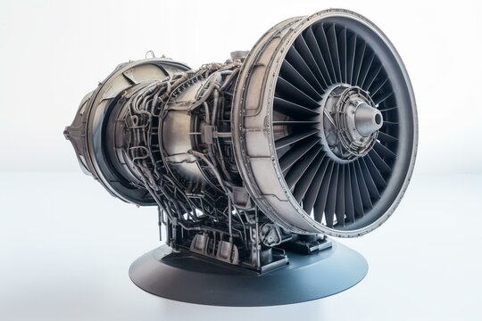 A 3D model of an airplane engine on a white background. Generative AI
