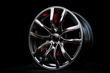 Contemporary aluminum car wheel on black backdrop. Fashionable design for auto industry. Generative AI