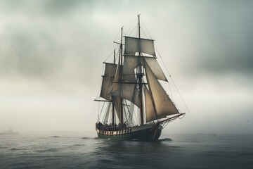 A schooner sailing through foggy clouds. Generative AI