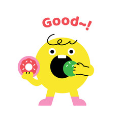 Cute abstract shapes characters. A yellow donut figure is eating a donut.