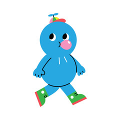 Cute abstract shapes characters. A blue peanut figure character is walking while blowing bubble gum.