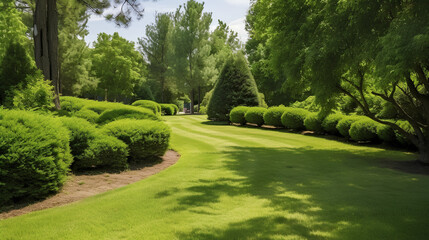 Naklejka premium Beautiful wide format image of a manicured country lawn surrounded by trees and shrubs on a bright summer day. Spring summer nature. AI generated.