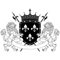 Heraldic shield of the middle ages, coat of arms with heraldic symbol of a rampant lion, in black and white silhouette and lines style