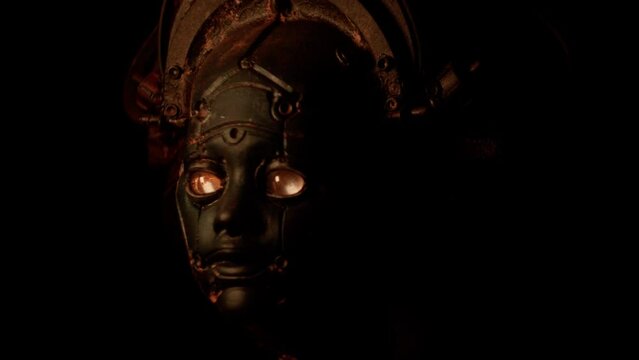Steampunk humanoide face sculpture, ancient future art, 4K loop