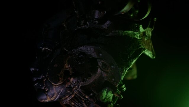 Mysterious steampunk humanoid  head sculpture, close up loop