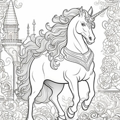 Generative AI Unicorn and palace in Istanbul. Coloring book page for adults.