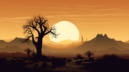 sunset in the desert mountains with tree