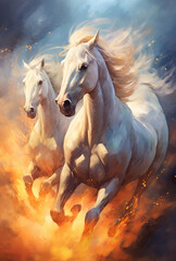 Generative AI Two white horses run gallop in the fire, digital painting.