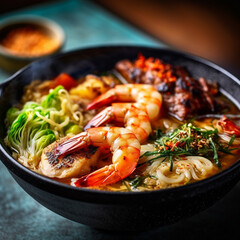 Generative AI Vietnamese noodle soup with shrimps, prawns and vegetables