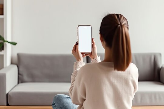 Young woman using smart phone at home, white blank empty screen. Girl texting on mobile phone indoor. Connection, technology, apps, smartphone mock up, communication concept