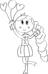 Cute cartoon character. Girl smiling and holding balloons drawing in doodle line art style. Cute little girl with balloons. Vector illustration for coloring book.