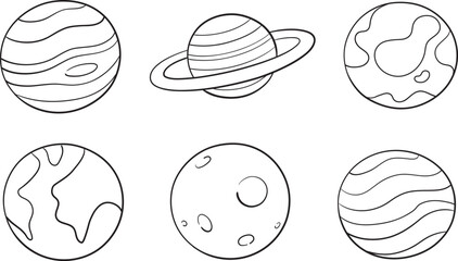 Cute planets education symbols drawing in doodle line art style. Vector illustration. Set of planets. Vector illustration in doodle style. Hand drawing.