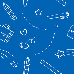 Cute school education objects drawing in doodle line art style with background colored. Seamless pattern with pencil, pen, brush, ruler, eraser, school bag, heart, and stars. 