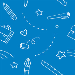 Cute school education objects drawing in doodle line art style with background colored. Seamless pattern with pencil, pen, brush, ruler, eraser, school bag, heart, and stars. 